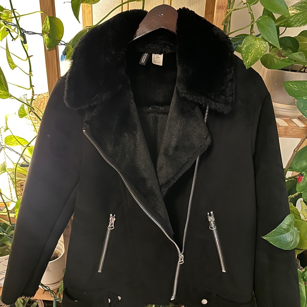 H&M Black Leather Jacket with Faux Fur Collar